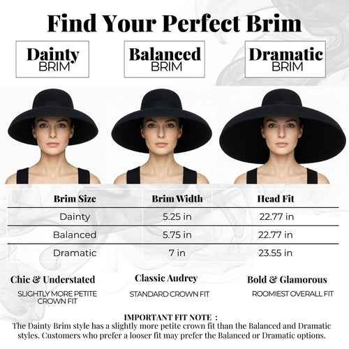 Holly Golightly Oversized Wool Hat – Audrey Hepburn Breakfast at Tiffany’s Inspired with three black brim sizes shown on a model