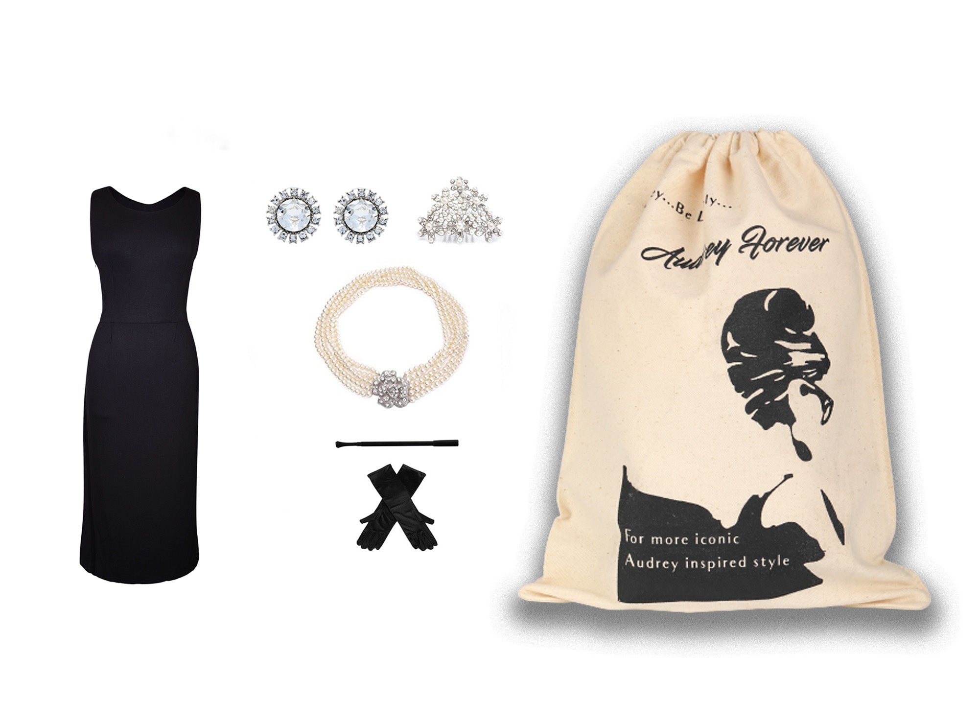 Audrey in a Bag Premium Holly Golightly Black Cotton Dress Costume Set – Iconic Audrey - Inspired Elegance for Halloween & Everyday Glam - Utopiat